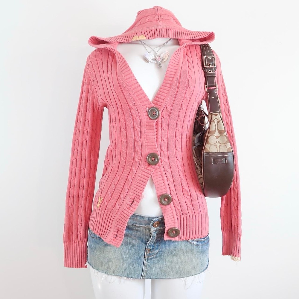 y2k pink hooded cable knit cardigan | 2000s